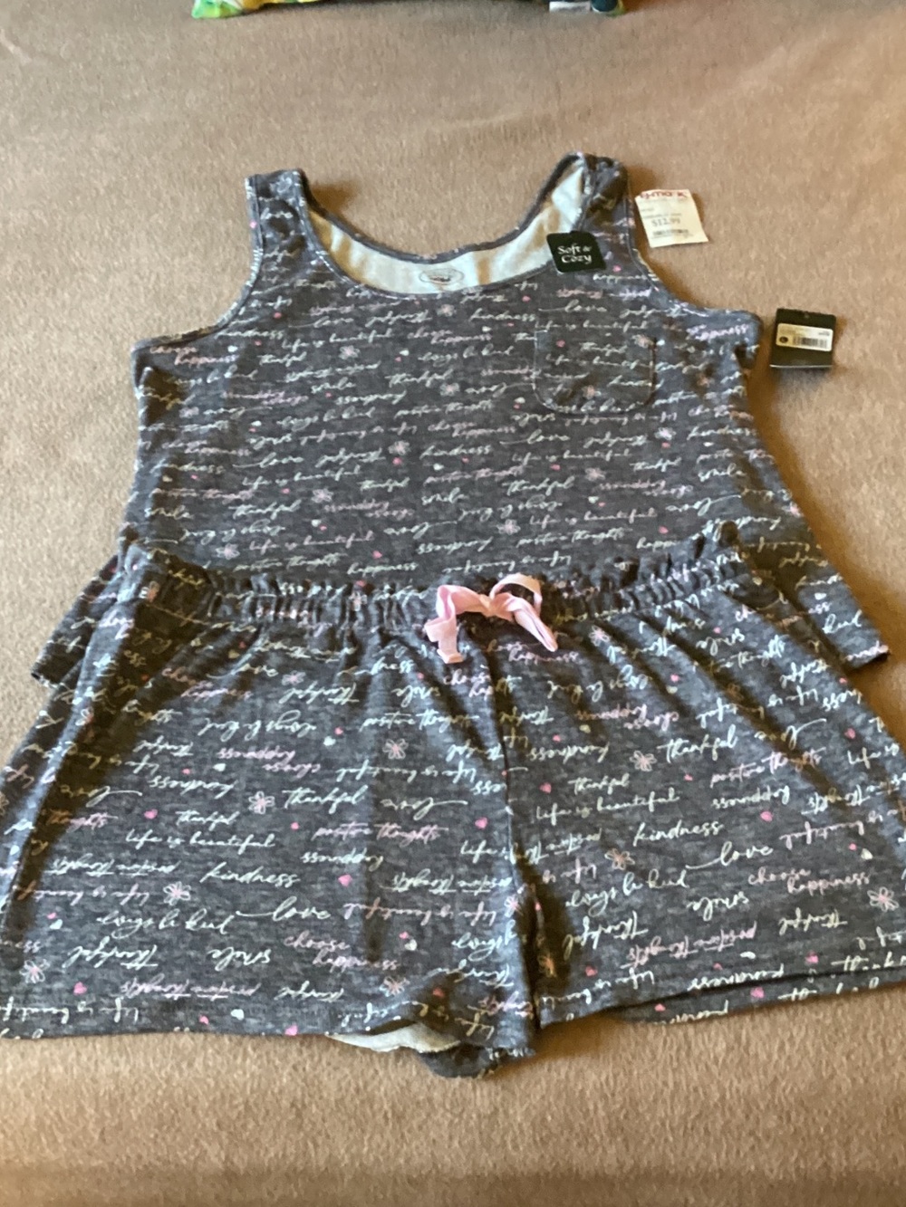 Laura Ashley Gray Script Tank Romper with Pink Bow Accent